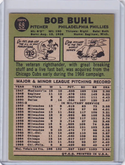 Vintage 1967 Topps Baseball card featuring Bob Buhl’s stats for the Philadelphia Phillies