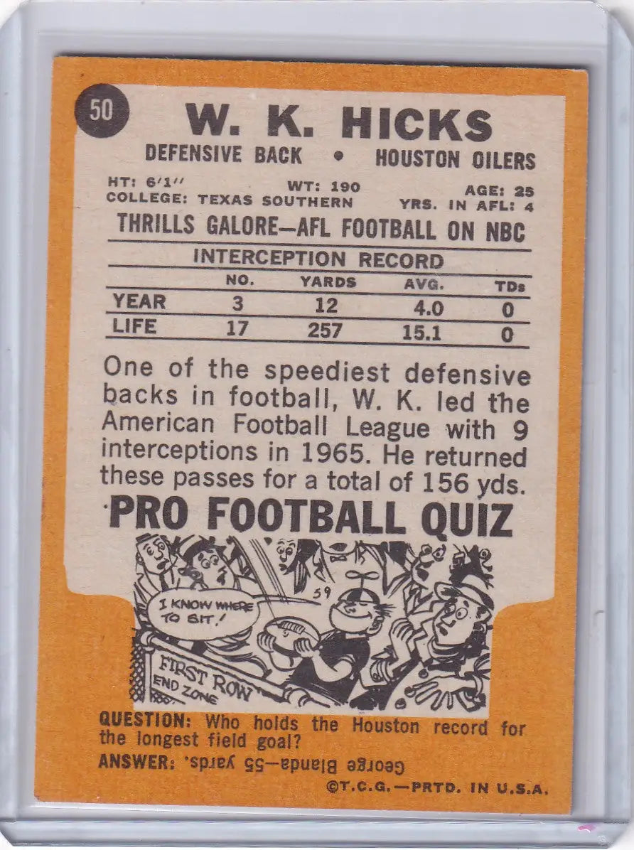 1967 Topps Football #50 W.K. Hicks RC - Houston Oilers