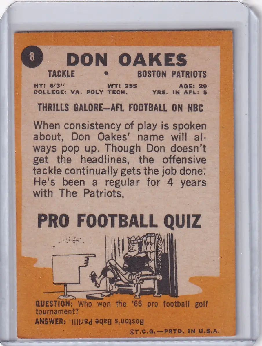 1967 Topps Football #8 Don Oakes - Boston Patriots - Football Card Single