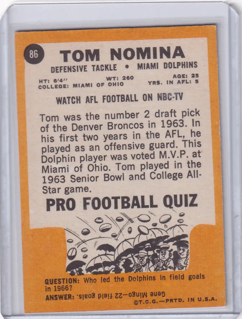 1967 Topps Football #86 Tom Nomina - Miami Dolphins - Football Card Single