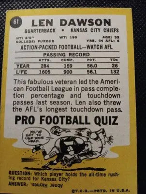 1967 Topps - Len Dawson #61. KC Chiefs. Crease. Corner Wear. VG - VG+ - Football Card Single