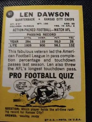 1967 Topps - Len Dawson #61. KC Chiefs. Crease. Corner Wear. VG - VG+ - Football Card Single