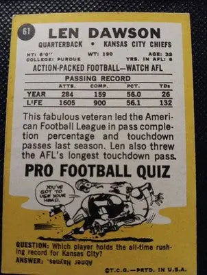 1967 Topps - Len Dawson #61. KC Chiefs. Crease. Corner Wear. VG - VG+ - Football Card Single