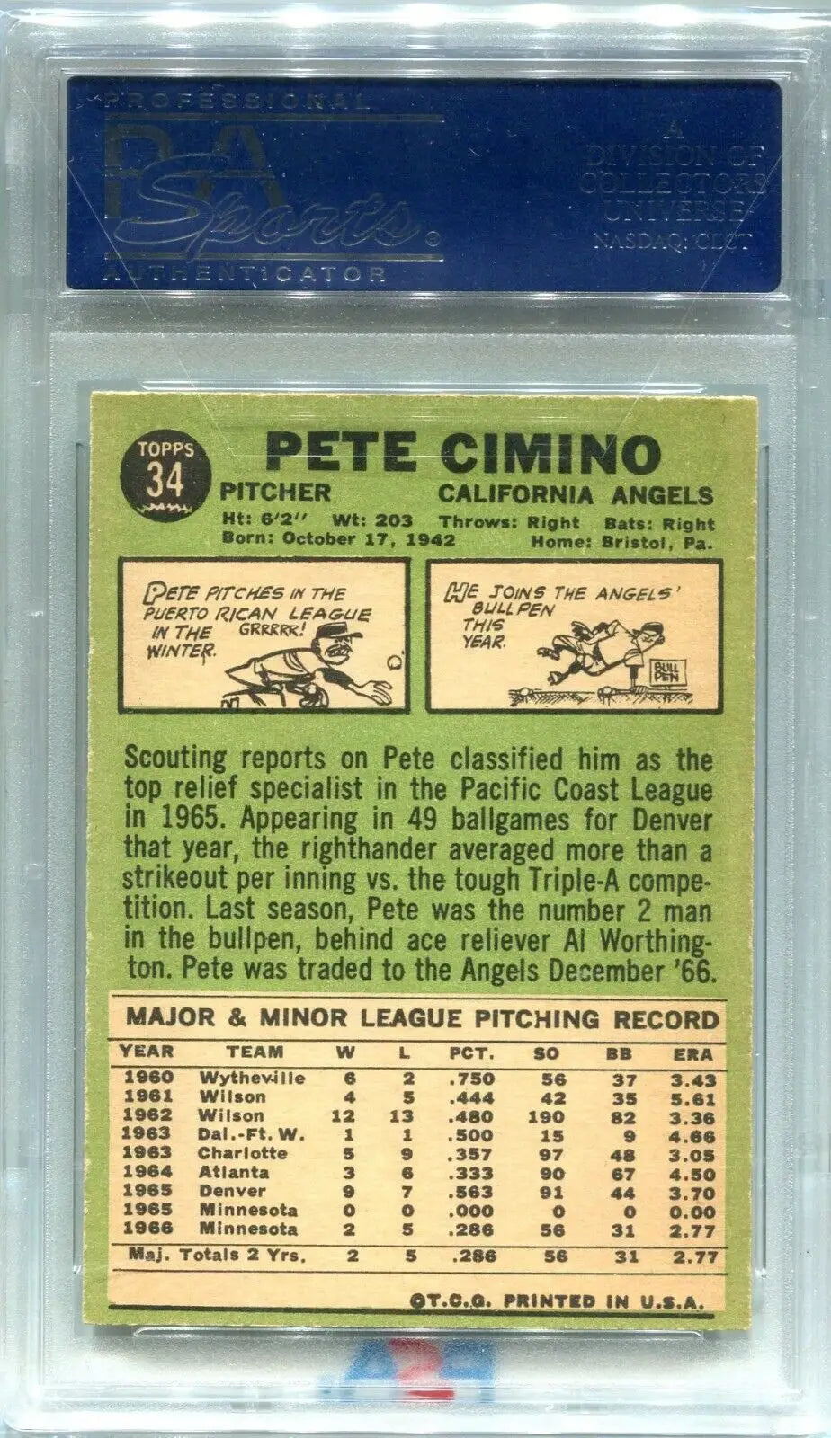 Graded 1967 Topps Pete Cimino #34 PSA 8 NMT-MT California Angels Baseball Card