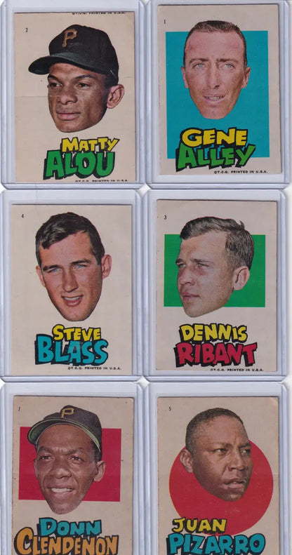 Vintage baseball trading cards featuring Pittsburgh Pirates players in colorful text