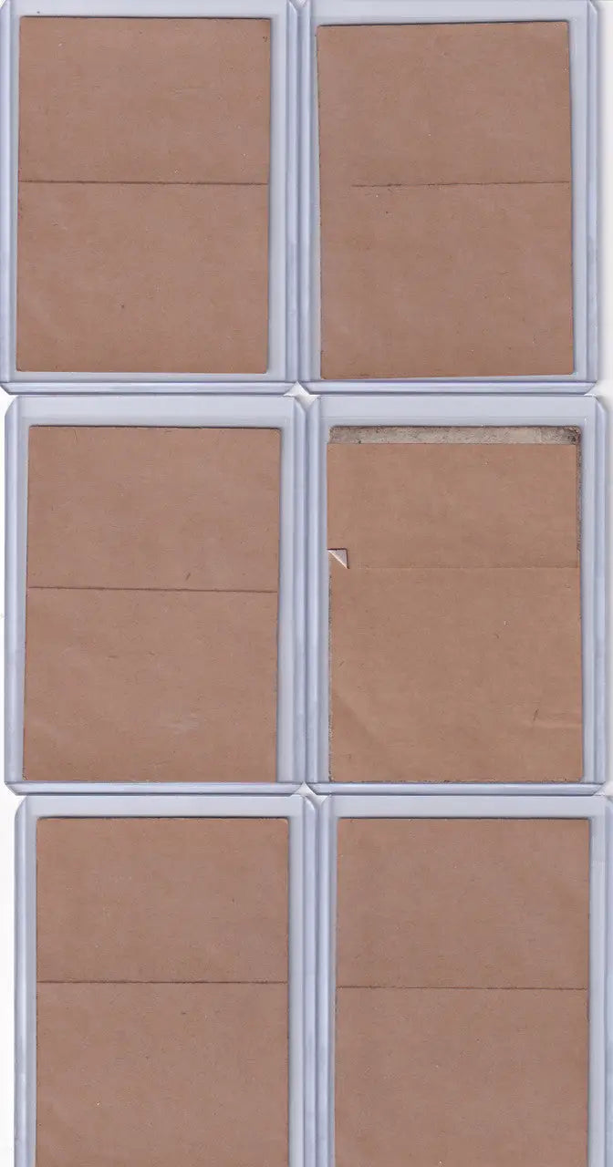 Six plastic card holders in a grid showcasing 1967 Topps Test Stickers Pittsburgh Pirates