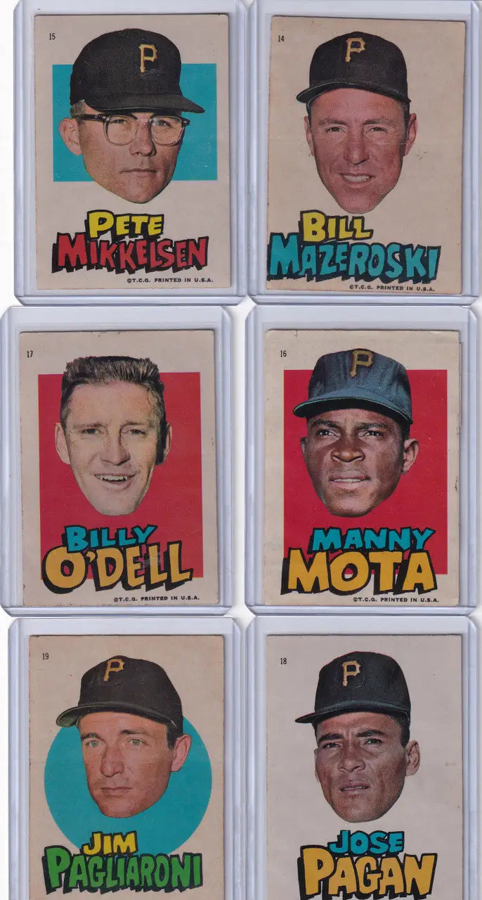 Six Vintage Pittsburgh Pirates Baseball Cards in a 2x3 Grid for Stickers Pittsburgh Pirates