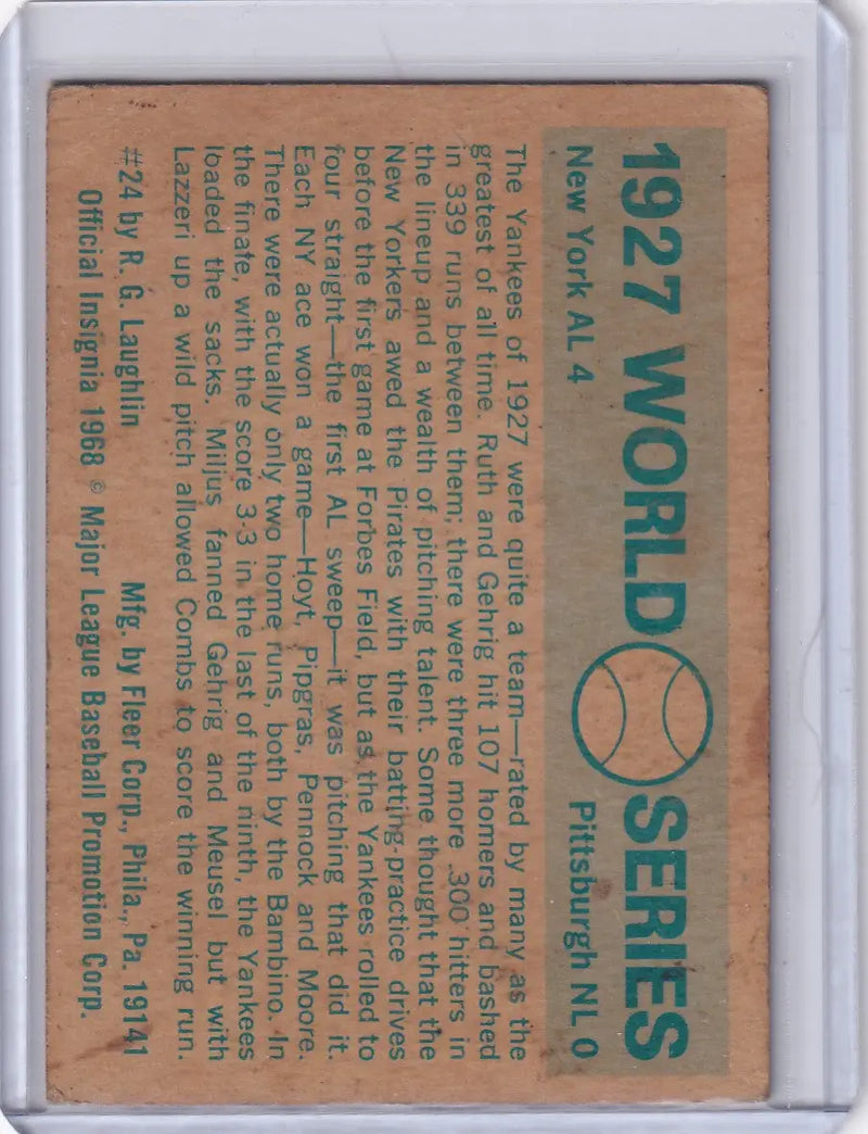 Vintage Fleer World Series baseball card featuring Pittsburgh Babe Ruth and 1927 Yankees performance