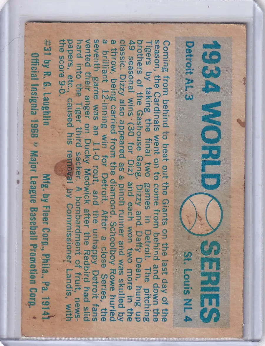 Vintage 1934 World Series Fleer World Series baseball card with text and graphic