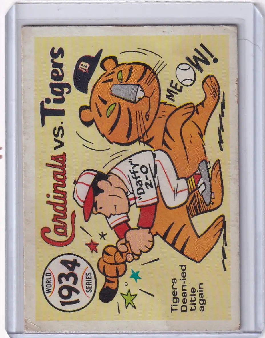 Vintage 1934 World Series Fleer World Series baseball card featuring a cartoon player and tiger