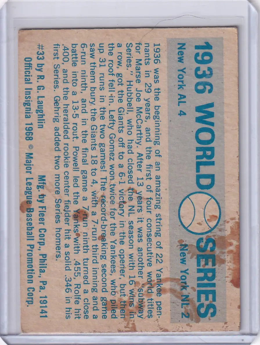Vintage baseball card from 1968 Fleer World Series featuring 1936 World Series New York Yankees