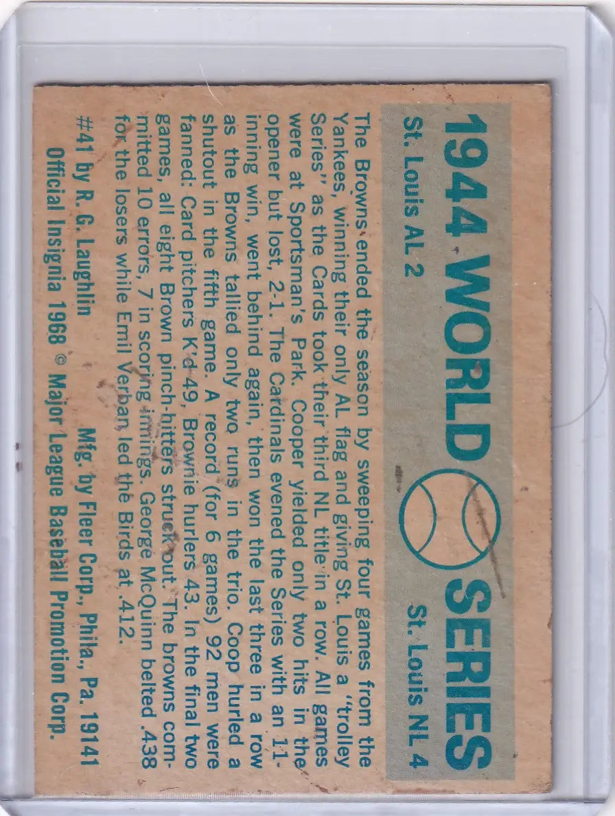 Collectible Fleer World Series baseball card from 1968 World Series featuring St. Louis teams