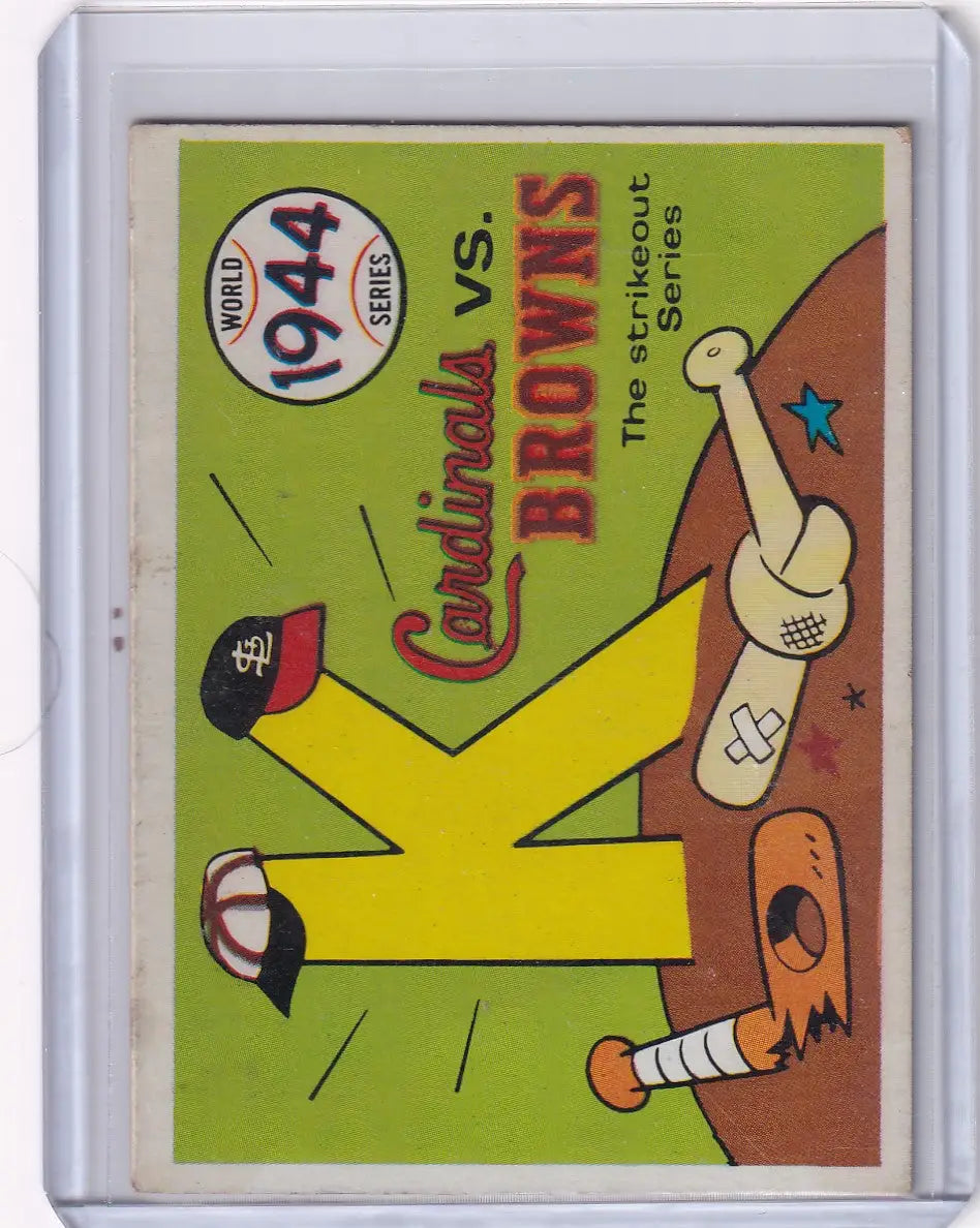 Vintage 1944 World Series baseball card with strikeout and tied bats, Fleer World Series