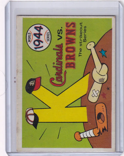 Vintage 1944 World Series baseball card with strikeout and tied bats, Fleer World Series