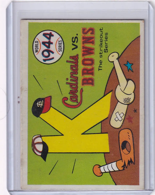 Vintage 1944 World Series baseball card with strikeout and tied bats, Fleer World Series