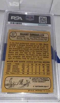 Graded Manny Sanguillen autographed rookie baseball card from 1968 Topps PSA 4 DNA 10