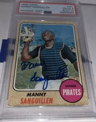 Signed Manny Sanguillen baseball card featuring autographed Sanguillen rookie memorabilia