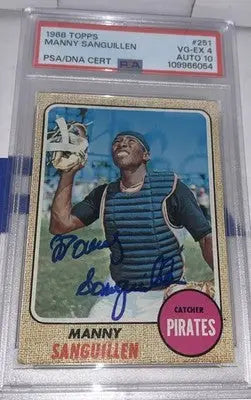 Graded and autographed 1968 Topps Manny Sanguillen rookie trading card PSA 4 DNA 10