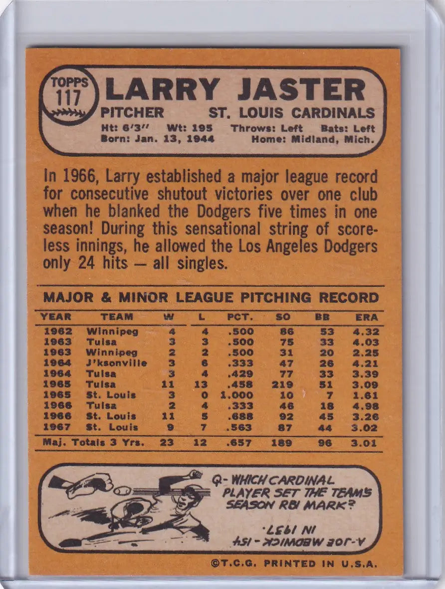 1968 Topps Baseball card of Larry Jaster from the St. Louis Cardinals with stats