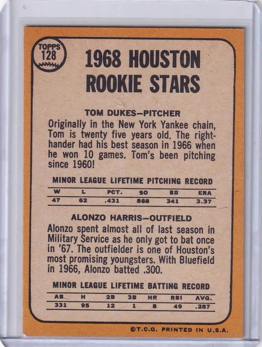 Baseball card of 1968 Topps Baseball Astros Rookies featuring Tom Dukes and Alonzo Harris