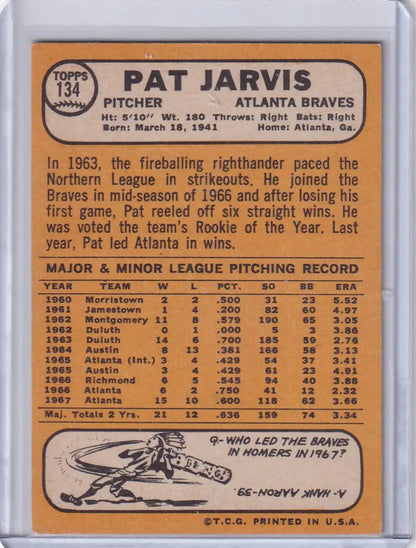 1968 Topps Baseball card of Pat Jarvis showcasing Atlanta Braves statistics and info
