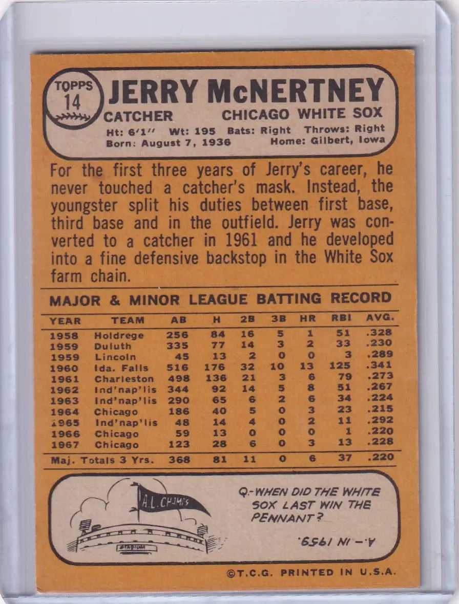 Jerry McNertney Baseball Card featuring the Chicago White Sox - 1968 Topps Baseball #14