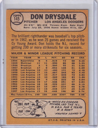 Vintage 1968 Topps Baseball card featuring Don Drysdale of the Los Angeles Dodgers