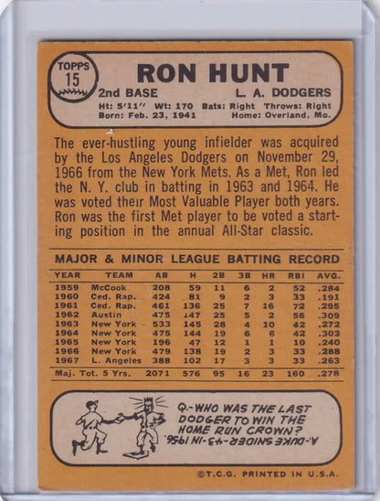 1968 Topps Baseball Ron Hunt Los Angeles Dodgers baseball card for collectors