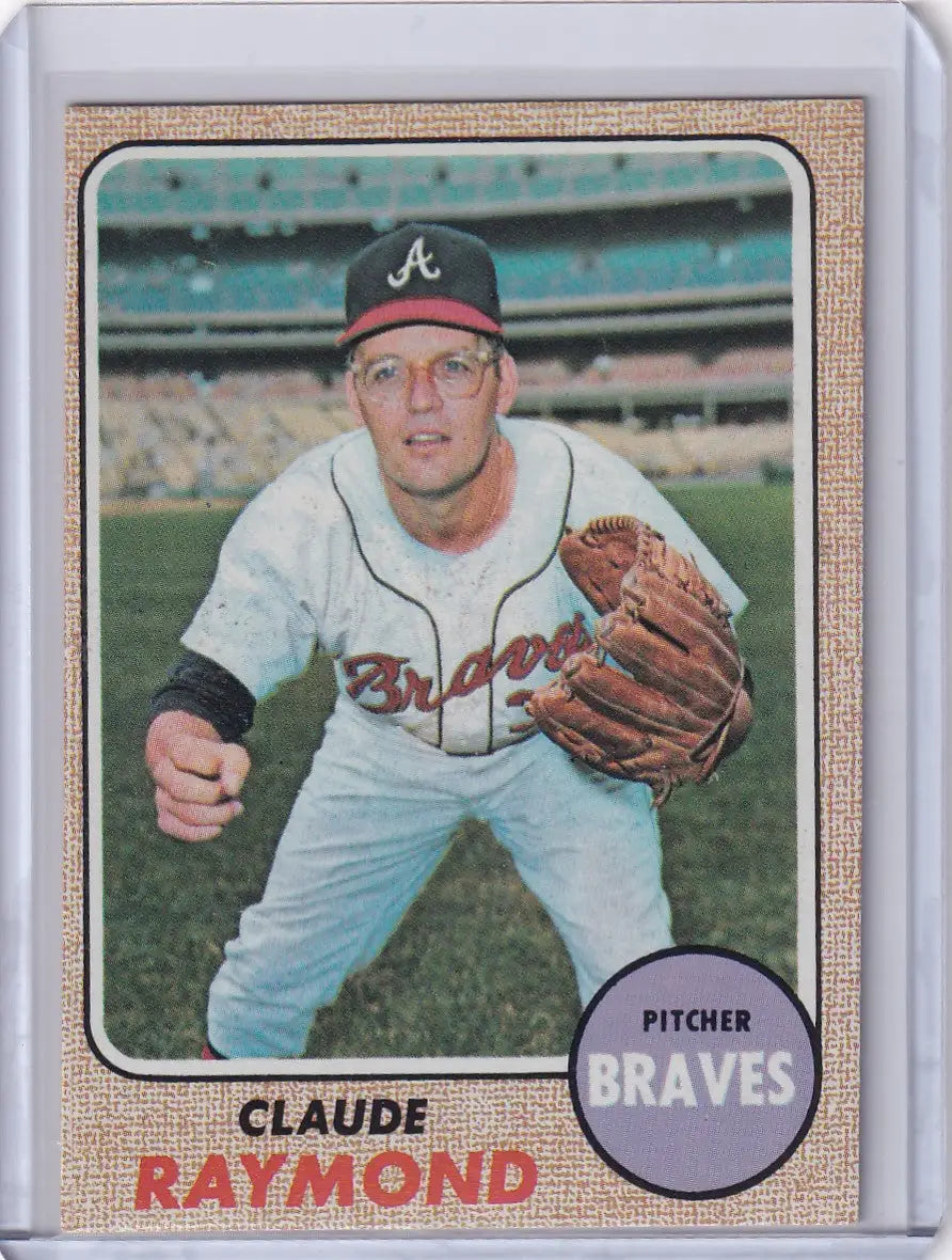 1968 Topps Baseball card of Claude Raymond, Atlanta Braves pitcher in white uniform