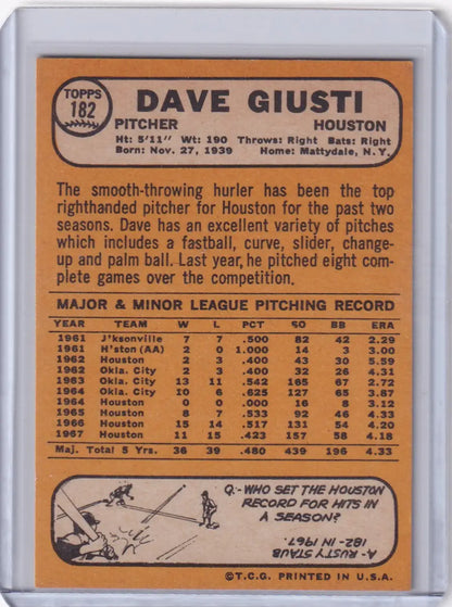 1968 Topps Baseball card of Dave Giusti showcasing Houston Astros statistics and biography