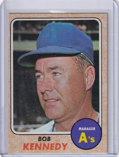 Baseball card of Bob Kennedy, manager of the Oakland Athletics, in Topps Baseball design