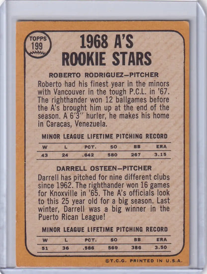 Vintage 1968 Topps Baseball card featuring Athletics Rookies Roberto Rodriguez and Darrell Osteen