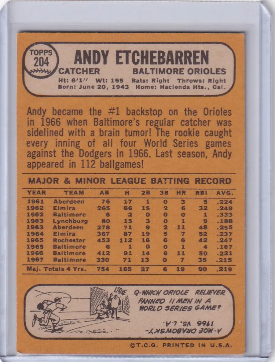 1968 Topps Baseball #204 Andy Etchebarren - Baltimore Orioles