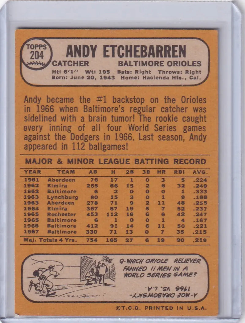 1968 Topps Baseball #204 Andy Etchebarren - Baltimore Orioles