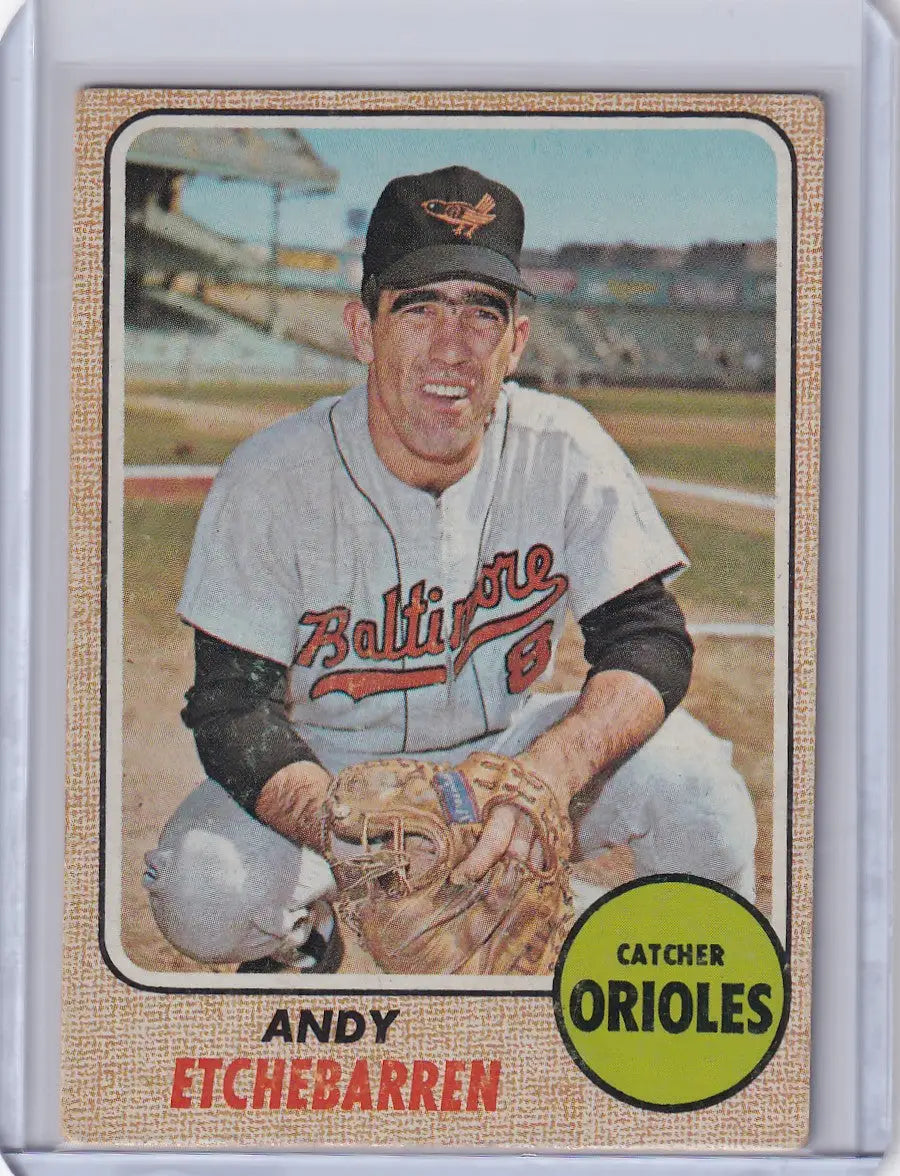 1968 Topps Baseball card of Andy Etchebarren in Baltimore Orioles uniform smiling