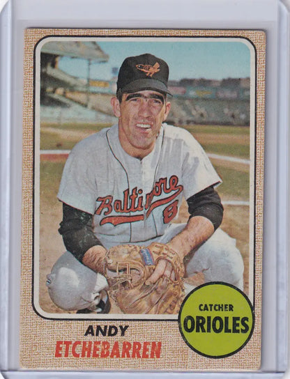 1968 Topps Baseball card of Andy Etchebarren in Baltimore Orioles uniform smiling