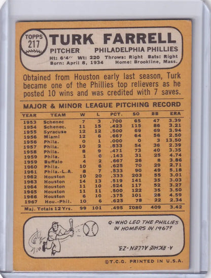 1968 Topps Baseball #217 Turk Farrell card showcasing Philadelphia Phillies pitching stats
