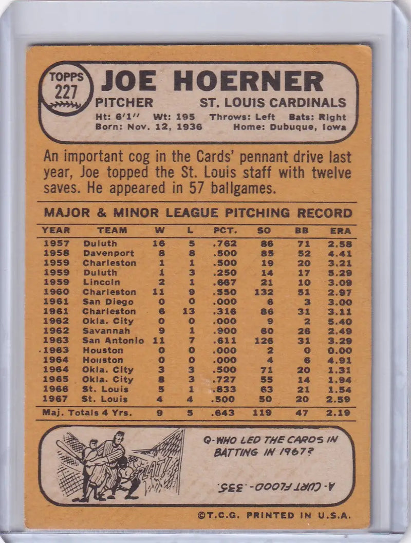 1968 Topps Baseball #227 Joe Hoerner - St. Louis Cardinals