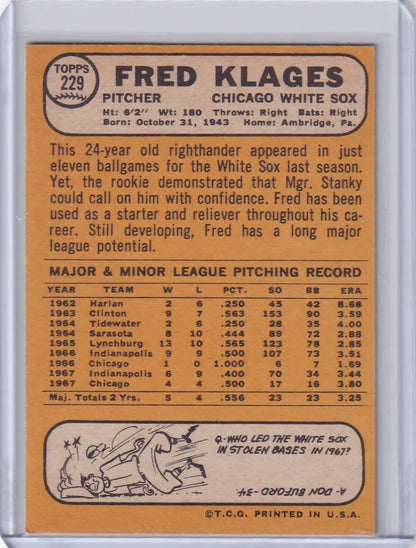 Baseball card of Fred Klages, Chicago White Sox pitcher from 1968 Topps Baseball
