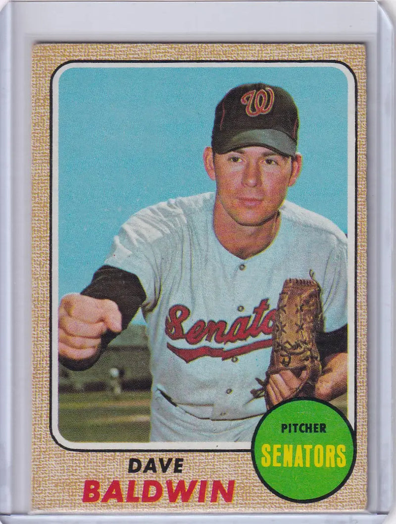 1968 Topps Baseball card of Dave Baldwin, Washington Senators pitcher in uniform