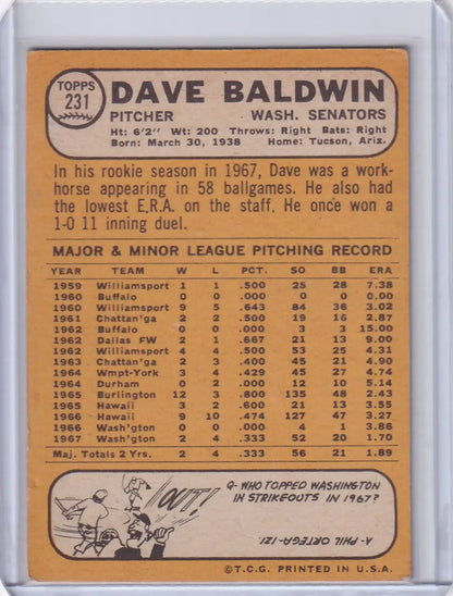 Topps Baseball card of Dave Baldwin, Washington Senators pitcher from 1967
