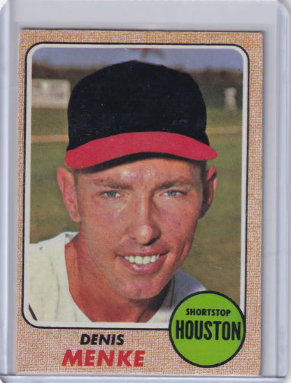 1968 Topps Baseball card of Denis Menke, smiling player for Houston Astros