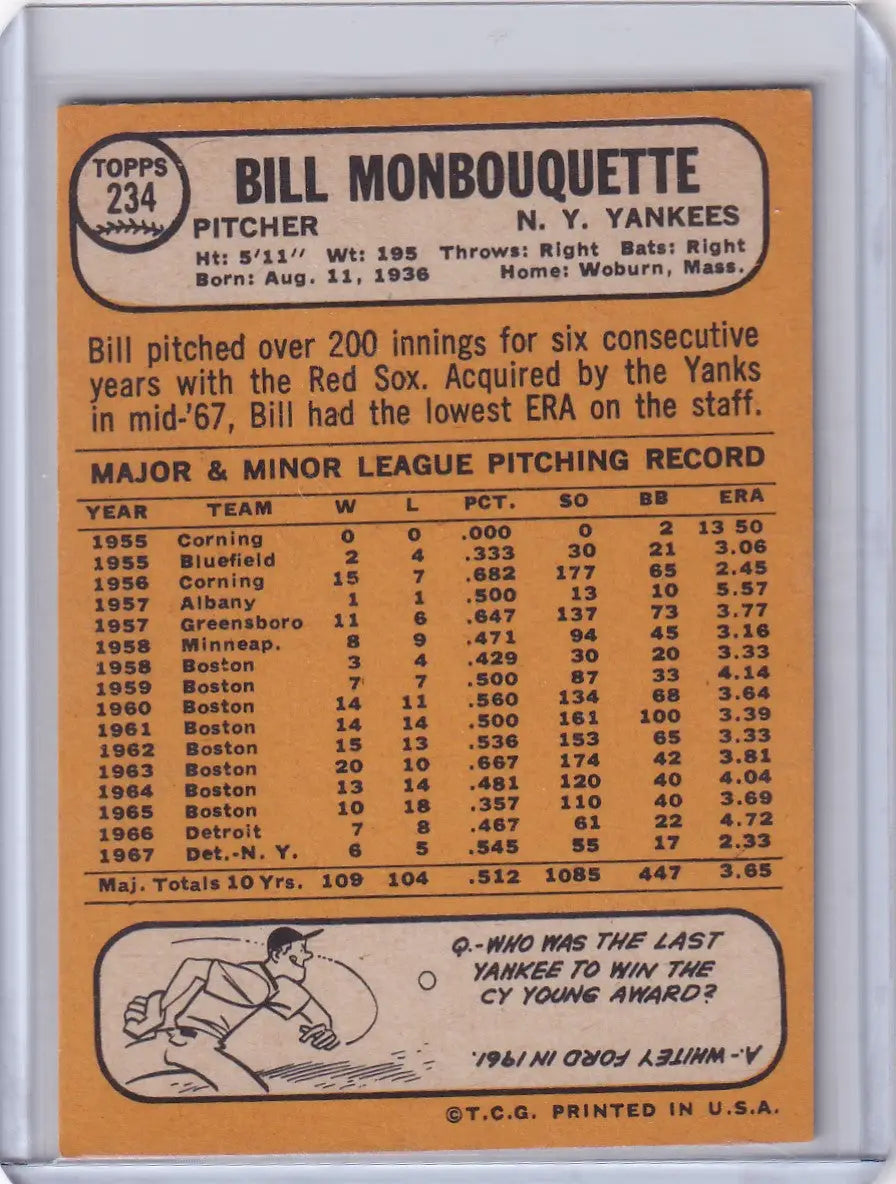 Bill Monbouquette New York Yankees Topps Baseball trading card from 1968