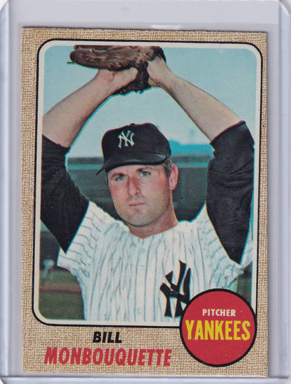1968 Topps Baseball card of Bill Monbouquette, New York Yankees pitcher in action