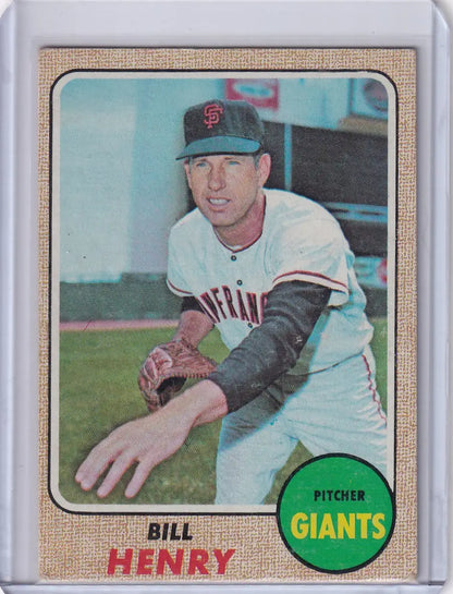 Baseball card of San Francisco Giants pitcher Bill Henry from Topps Baseball 1968