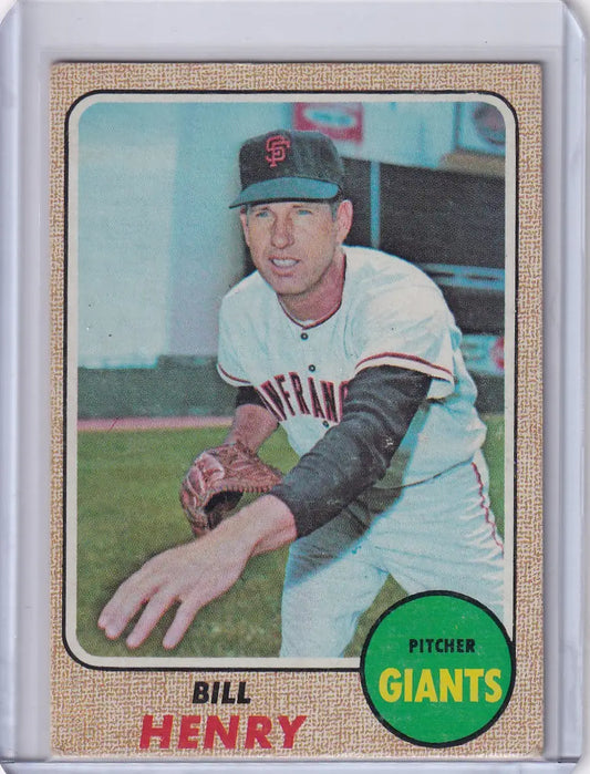 Baseball card of San Francisco Giants pitcher Bill Henry from Topps Baseball 1968