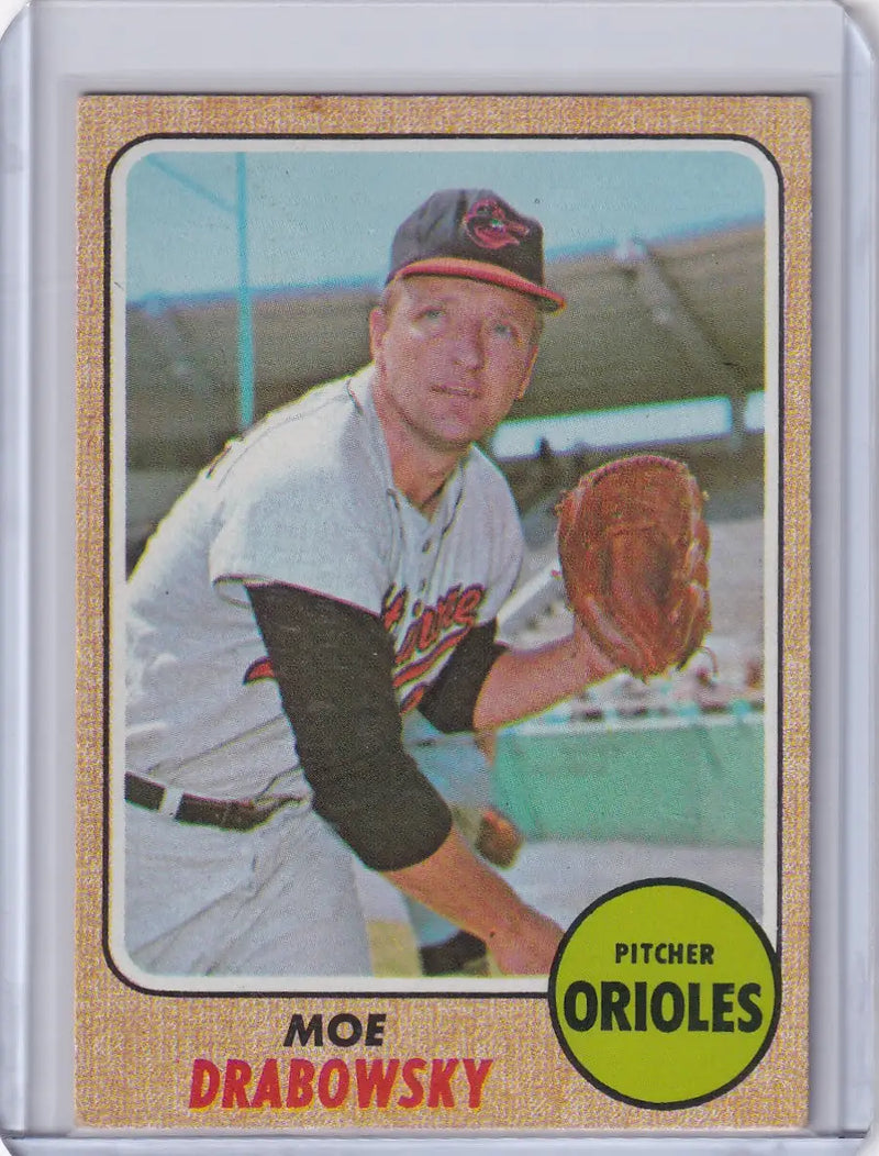 Vintage Topps Baseball card of Moe Drabowsky pitching for the Baltimore Orioles