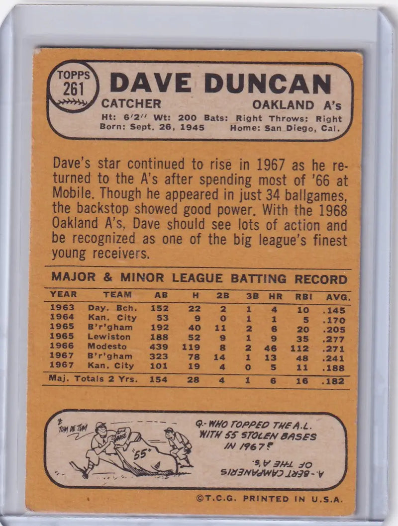 1968 Topps Baseball #261 Dave Duncan - Oakland Athletics