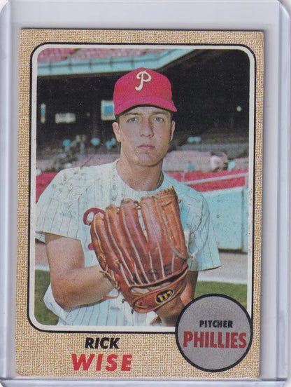 1968 Topps Baseball card of Rick Wise, Philadelphia Phillies pitcher in uniform