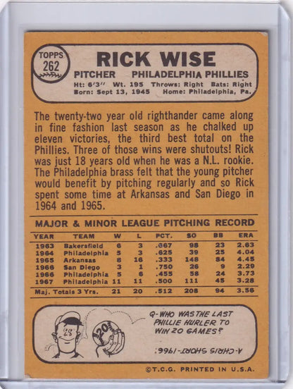 1968 Topps Baseball card of pitcher Rick Wise from the Philadelphia Phillies